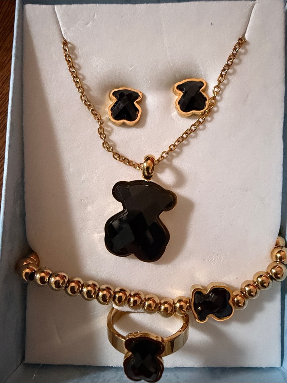 Gold-Tone Black Teddy Pendant Necklace, Bracelet, Ring & Stud Earrings Set
